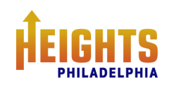 The image is a logo with the word "Heights" in orange and yellow gradient, featuring an upward arrow in the "H." Below, "Philadelphia" is written in blue.