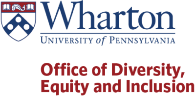 Logo of the Wharton School, University of Pennsylvania, featuring the shield emblem and text reading "Office of Diversity, Equity and Inclusion."